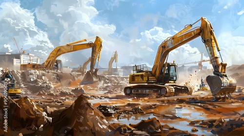 Heavy machines working in construction site and industrial technology concept.