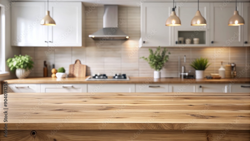 custom made wallpaper toronto digitalNatural wood kitchen tabletop on minimalist background with blurred modern light kitchen, perfect for product presentation and display mock-up.