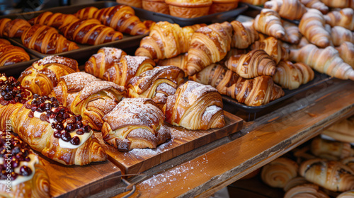 Delightful selection of freshly baked danish pastries and croissants at a charming bakery display