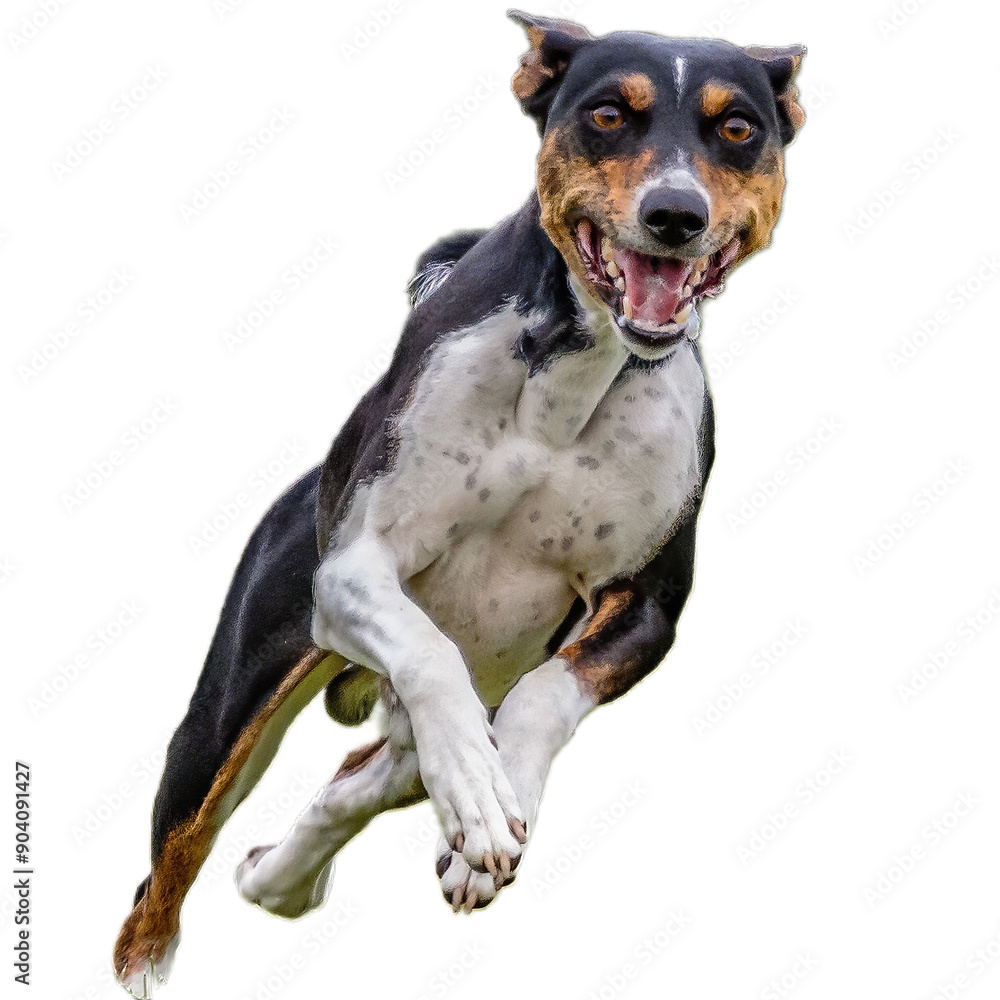 Dog running straight on camera isolated on white background at full speed on competition Dog running straight on camera isolated on white background at full speed on competition