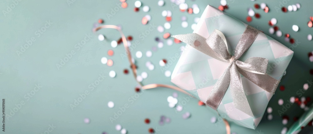 A beautifully wrapped gift box with ribbon on a pastel background, surrounded by colorful confetti, perfect for celebrations. A beautifully wrapped gift box with ribbon on a pastel background, surrounded by colorful confetti, perfect for celebrations.