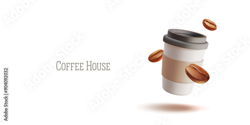 Coffee house. Paper cup with coffee and coffee bean, 3D. A simple banner on a white background for advertising and promoting coffee drinks. Vector illustration.