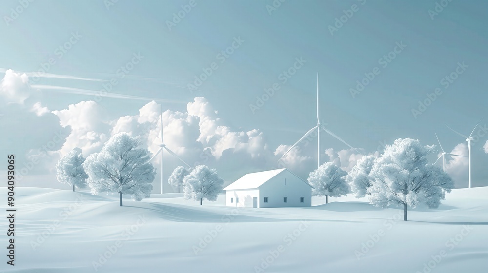 Minimalist wind farm with trees and clouds, Renewable Resources, Environmental Conservation, No logo, No Trademark, No text, minimal concept with copy space for stock photo Minimalist wind farm with trees and clouds, Renewable Resources, Environmental Conservation, No logo, No Trademark, No text, minimal concept with copy space for stock photo