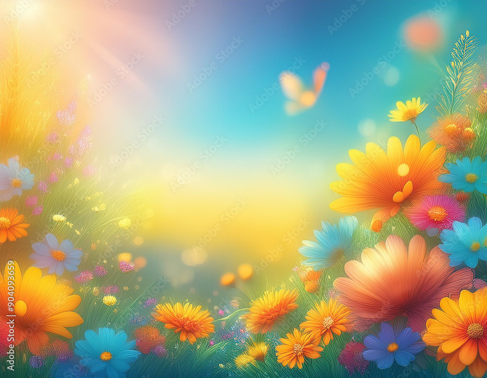 Bright Summer Floral Art Illustration Flowers Background with Copy Space for Advertising Text Bright Summer Floral Art Illustration Flowers Background with Copy Space for Advertising Text