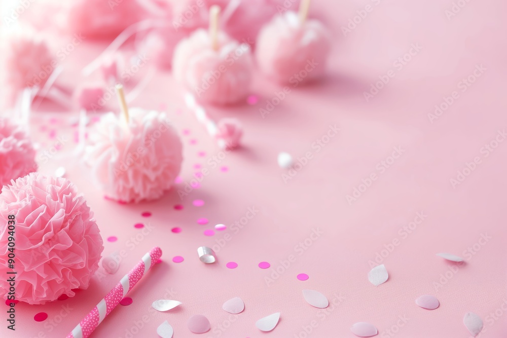 Pink pom-pom decorations arranged with confetti and pink straws on a pastel pink background, creating a festive scene. Pink pom-pom decorations arranged with confetti and pink straws on a pastel pink background, creating a festive scene.