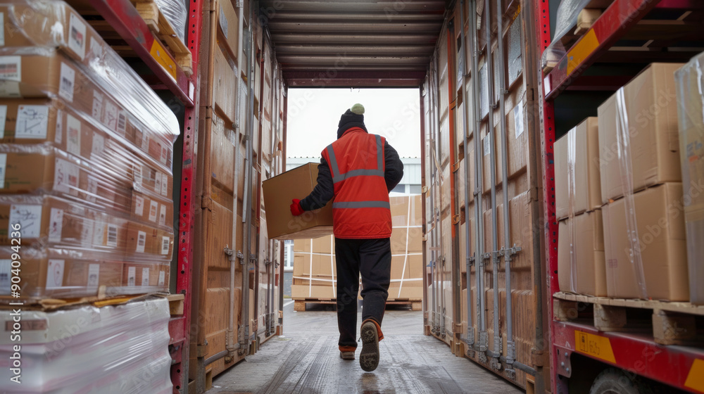 Fototapeta premium Warehouse worker unloading delivery boxes from truck at loading dock in winter