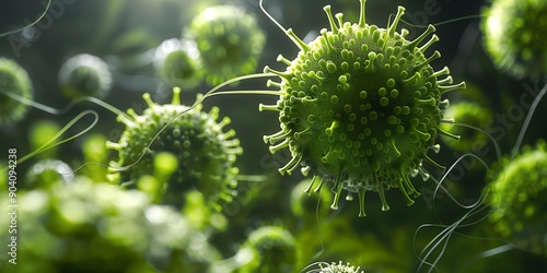 A highly detailed and realistic depiction of green viruses floating freely, with intricate textures and fine details. photo