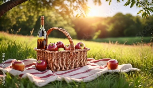 Serene Picnic Setting: Basket of Apples and Wine in a Sunny Meadow