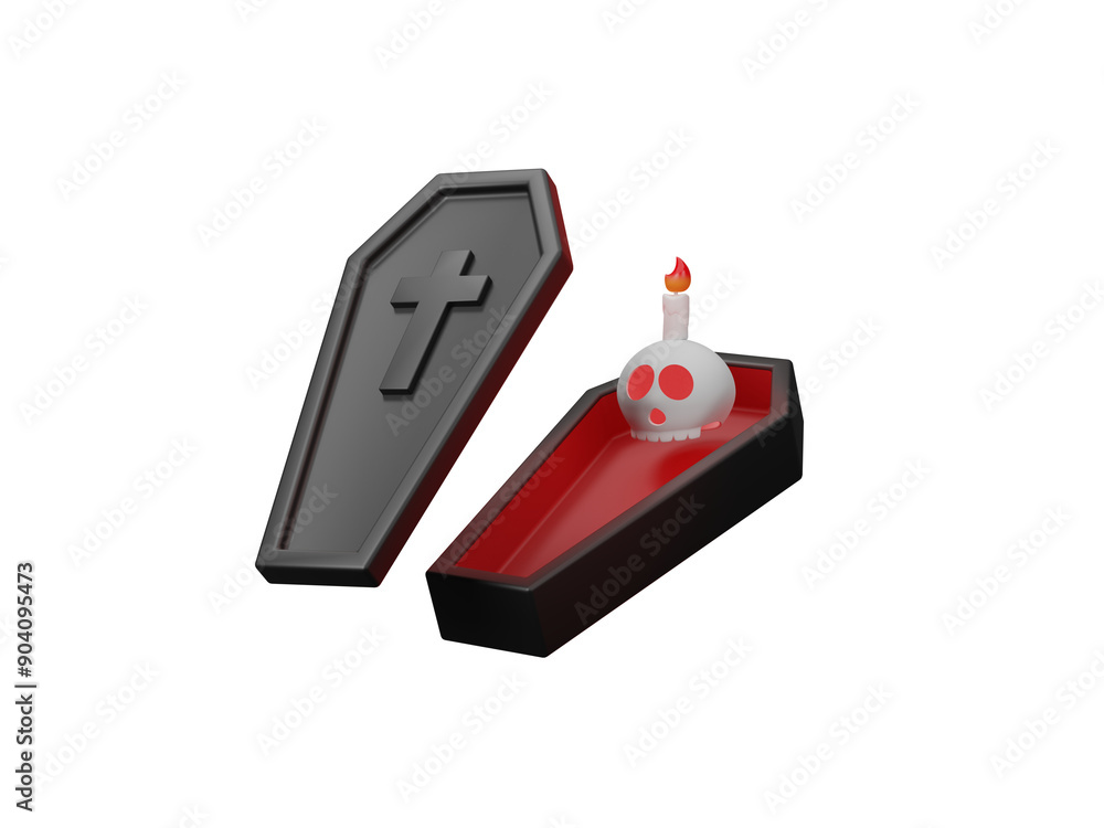 Halloween coffin with cross and ghost skull with light candles for web in cartoon style. Icon Isolated on transparent background. Death concept. Happy Halloween day. 3d rendering illustration Halloween coffin with cross and ghost skull with light candles for web in cartoon style. Icon Isolated on transparent background. Death concept. Happy Halloween day. 3d rendering illustration