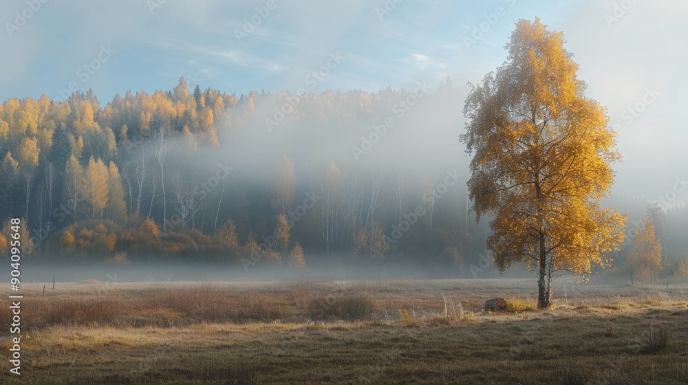 Autumnal field enveloped in morning fog, captured in realistic nature photography Autumnal field enveloped in morning fog, captured in realistic nature photography