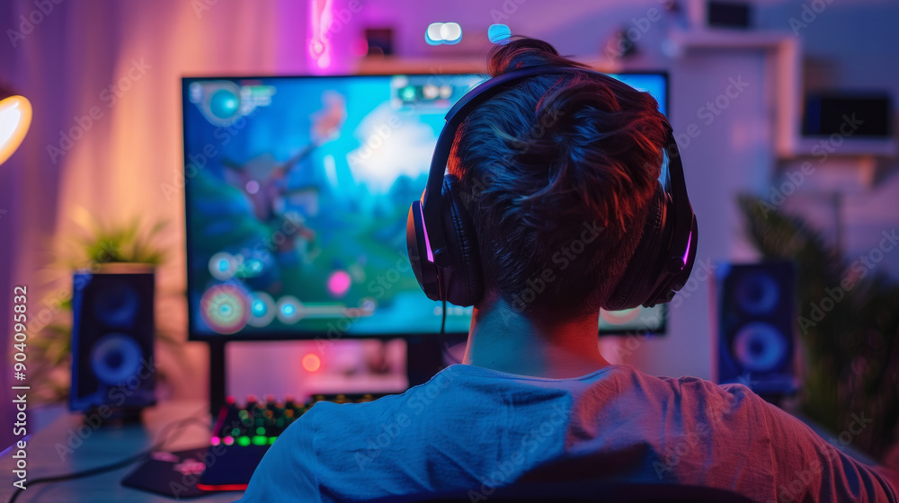 Gamer engaged in game design within a cozy home studio at night Gamer engaged in game design within a cozy home studio at night