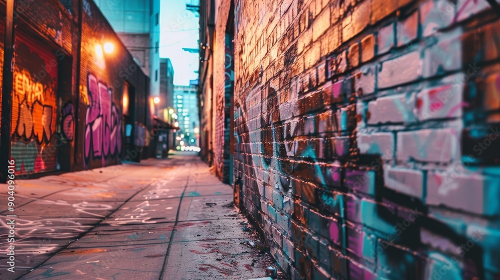 Fototapeta premium A vibrant, urban alleyway covered in colorful graffiti and street art, with the evening cityscape in the background, showcasing the creativity and culture of urban environments.