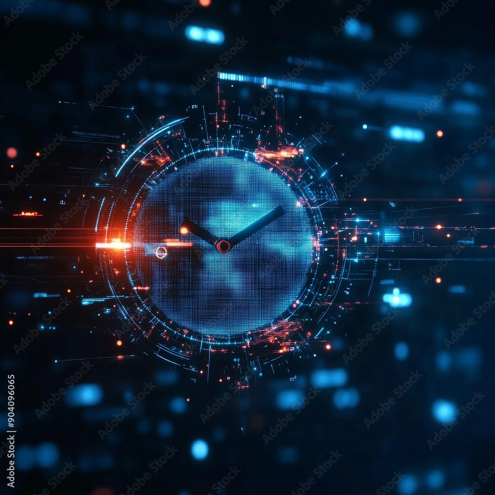 Obraz premium Futuristic digital clock design, showcasing vibrant blue and orange lights against a dark background, symbolizing time and technology.