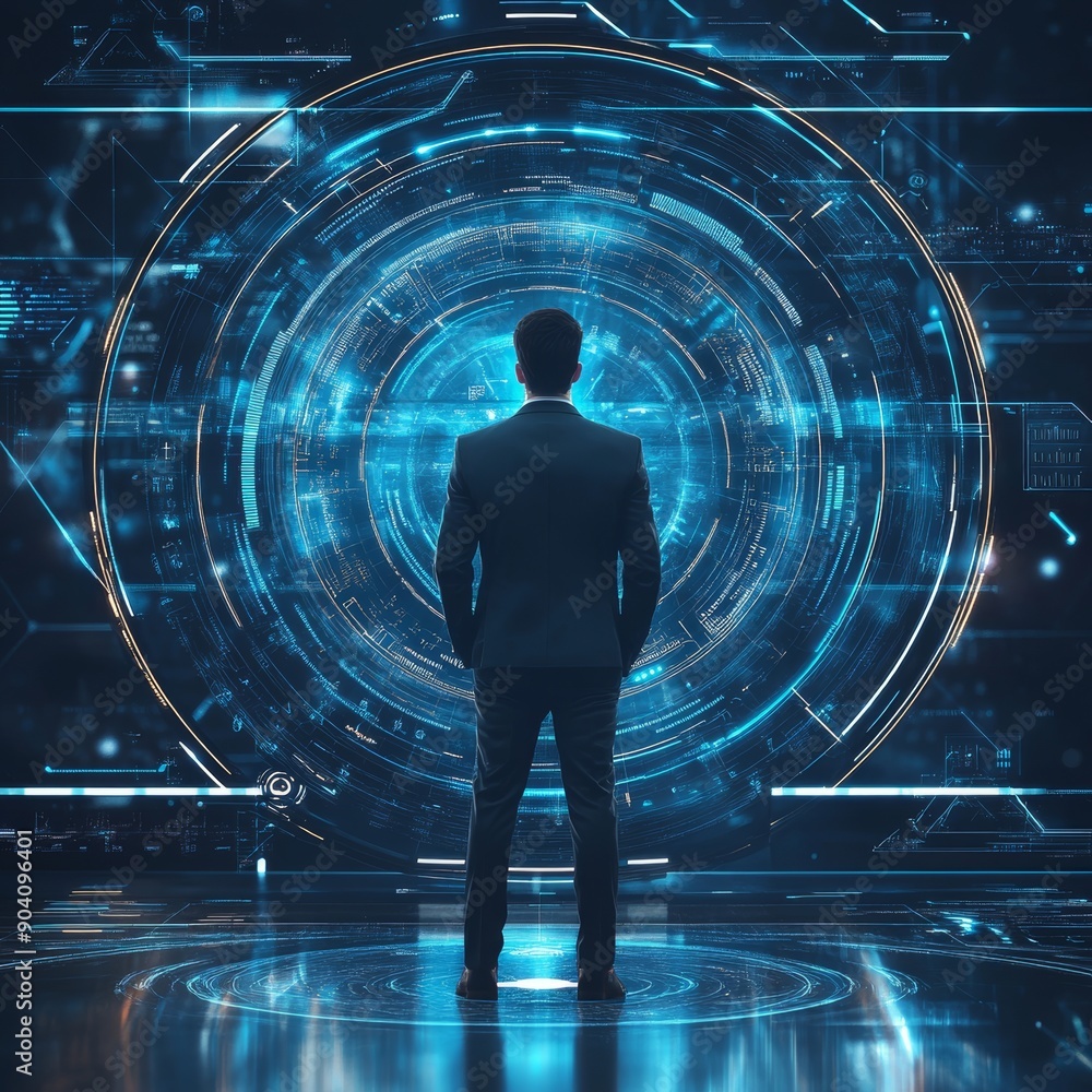 A male, South Asian professional in a suit stands before a glowing futuristic interface, embodying innovation and technology in a digital workspace. A male, South Asian professional in a suit stands before a glowing futuristic interface, embodying innovation and technology in a digital workspace.