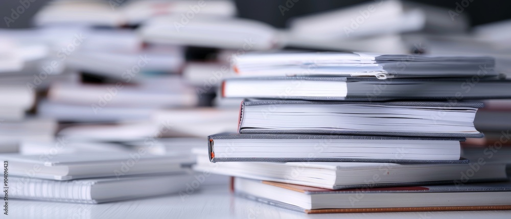 A close-up view of stacked books with various colors and textures creating an organized chaos of knowledge. A close-up view of stacked books with various colors and textures creating an organized chaos of knowledge.