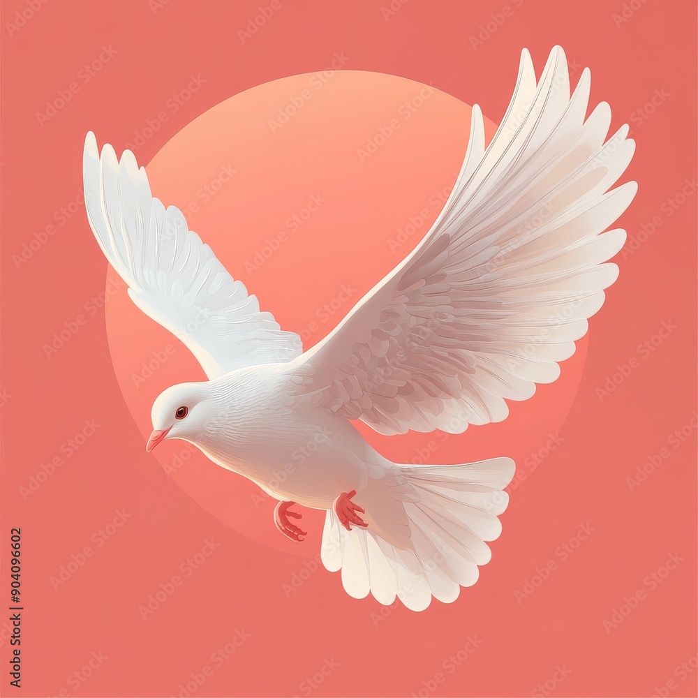Obraz premium A majestic white dove in mid-flight against a coral pink backdrop, symbolizing peace and freedom.