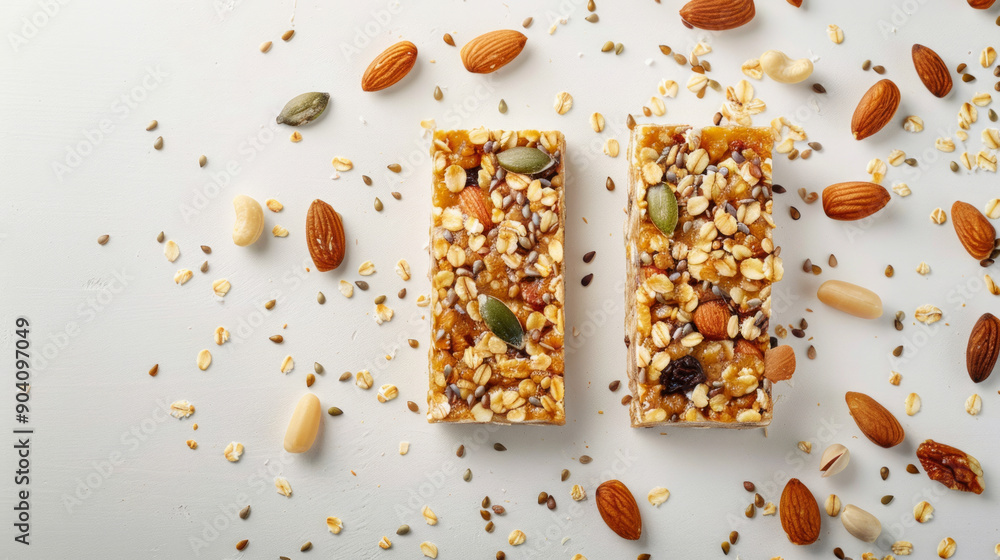 Nutritious granola bars featuring seeds and nuts arranged neatly on a white background Nutritious granola bars featuring seeds and nuts arranged neatly on a white background