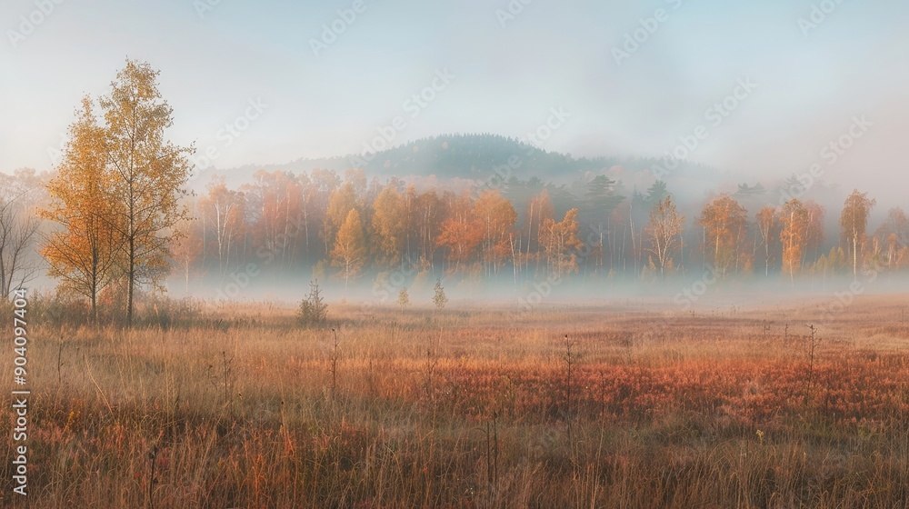 Autumnal field enveloped in morning fog a realistic landscape photo capturing seasonal colors Autumnal field enveloped in morning fog a realistic landscape photo capturing seasonal colors