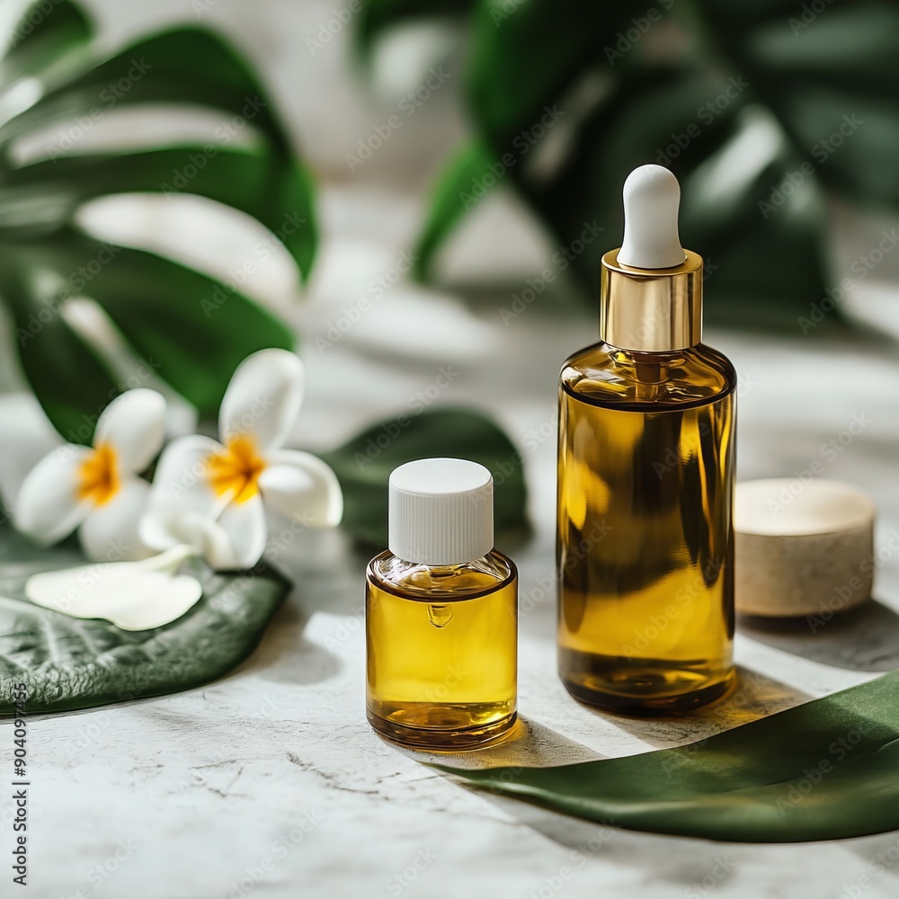 Two elegant glass bottles of essential oils surrounded by tropical leaves and flowers, evoking a serene and natural atmosphere. Two elegant glass bottles of essential oils surrounded by tropical leaves and flowers, evoking a serene and natural atmosphere.