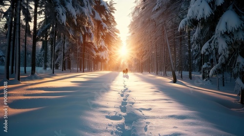 Enchanting Winter Journey: Huskies Pulling Sleigh Through Snowy Forest at Dawn