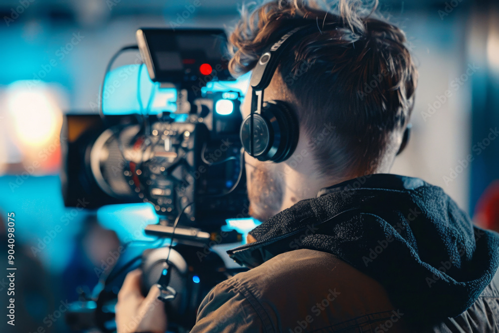 Young man reviewing film for vlog in urban studio setting during evening hours Young man reviewing film for vlog in urban studio setting during evening hours