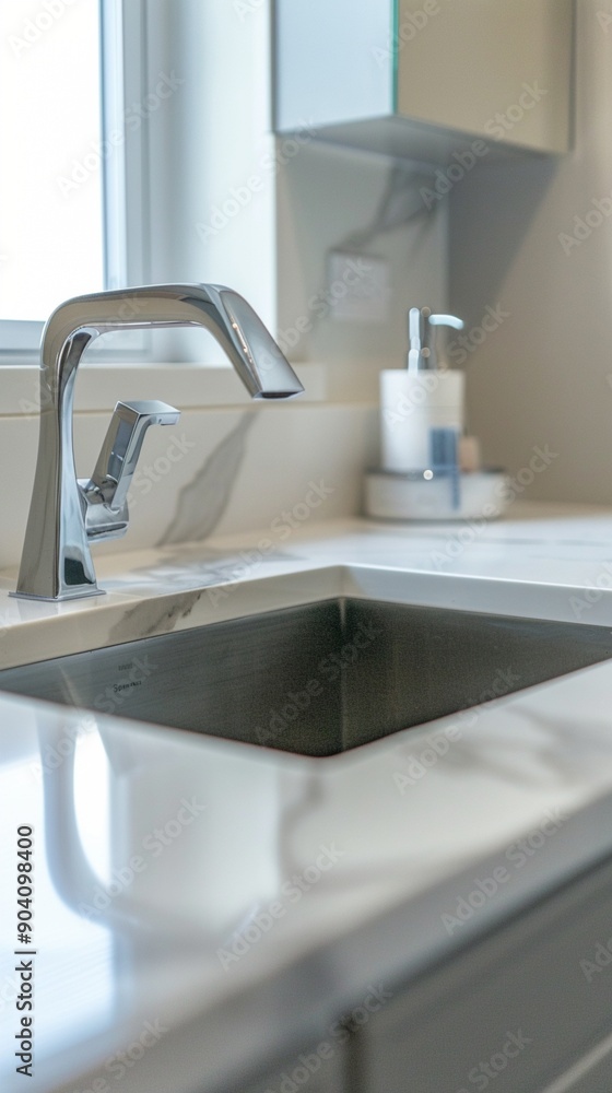 Modern minimalist bathroom sink with sleek chrome faucet and white countertop, showcasing clean lines and a contemporary aesthetic in a bright, airy space. Modern minimalist bathroom sink with sleek chrome faucet and white countertop, showcasing clean lines and a contemporary aesthetic in a bright, airy space.