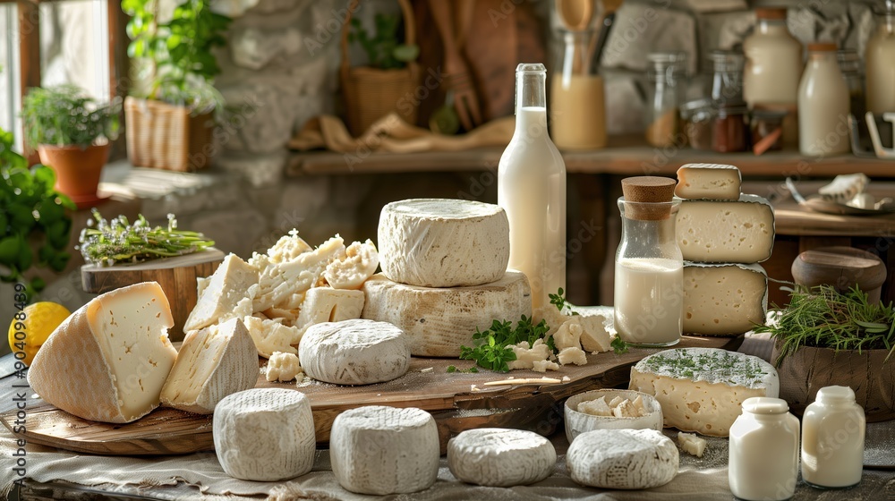 Rustic Home Kitchen Scene with Assorted Cheeses and Fresh Milk Rustic Home Kitchen Scene with Assorted Cheeses and Fresh Milk