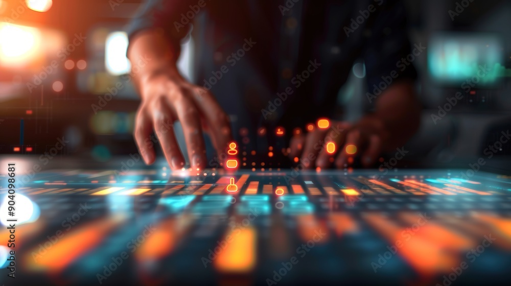 Advancing Analytics: Man Engaged with Futuristic Data Analysis Tools on Virtual Interface Advancing Analytics: Man Engaged with Futuristic Data Analysis Tools on Virtual Interface