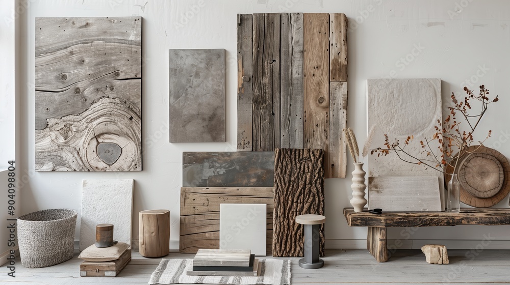 Obraz premium Natural Rustic Home Decor Mood Board Featuring Wood Textures and Earthy Tones