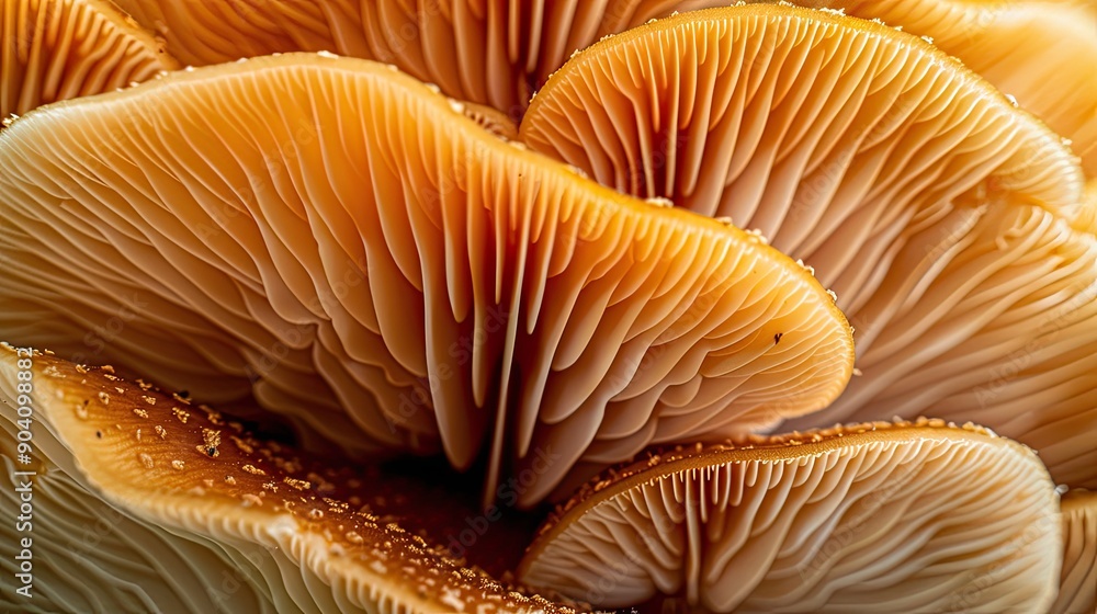 A macro shot of a mushroom's gills, revealing the fine, intricate patterns. A macro shot of a mushroom's gills, revealing the fine, intricate patterns.