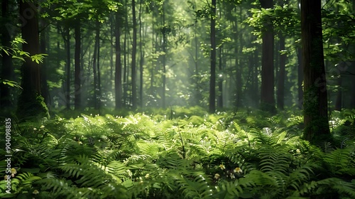 Sunlight Filtering Through a Lush Forest with Ferns Illustration