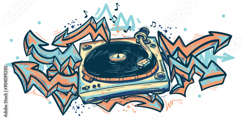 Drawn graffiti turntable  and graffiti arrows, colorful music design
