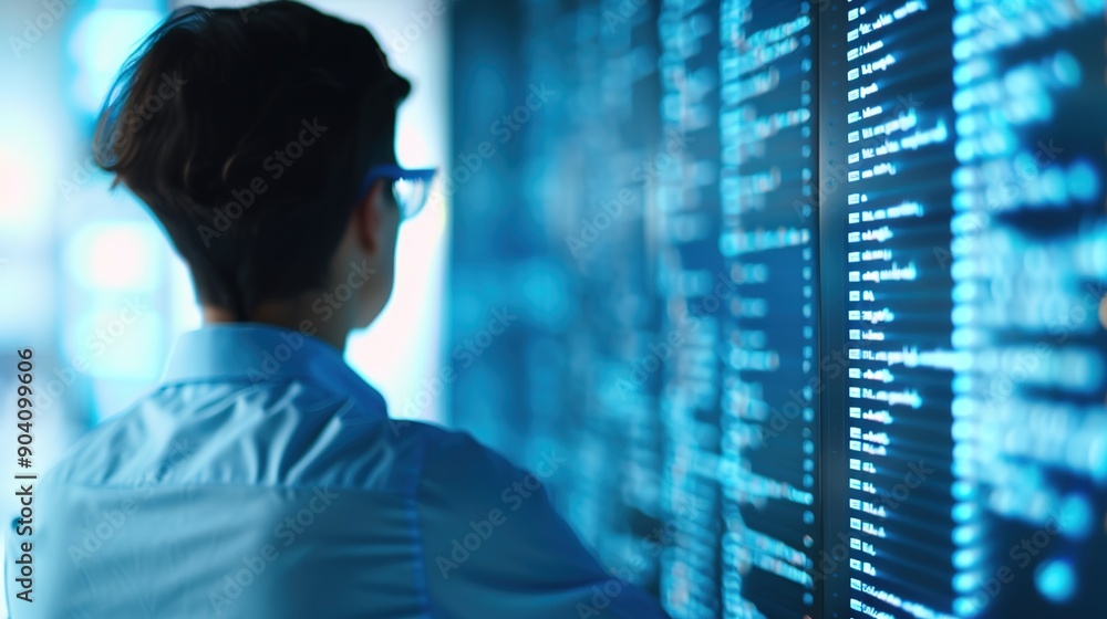 Futuristic Data Scientist Analyzing Algorithms on Virtual Screen Futuristic Data Scientist Analyzing Algorithms on Virtual Screen