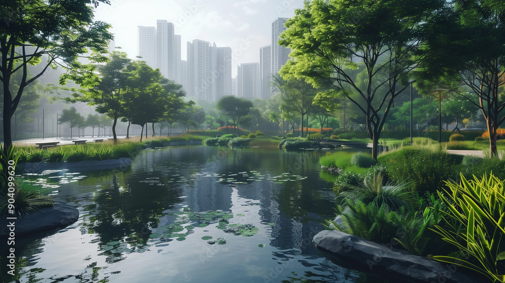 Modern city parks located among concrete jungle, where green spaces and ponds create oases of nat Modern city parks located among concrete jungle, where green spaces and ponds create oases of nat