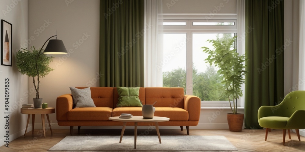 Fototapeta premium orange armchair and brown corner sofa against window