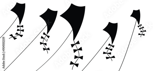 Cartoon mascot with a kite in the sky. Friends together, kite flying, have fun. Sport logo. Child playing or running fly a kite. Happy healthy children playing kites pictogram. Summer game.