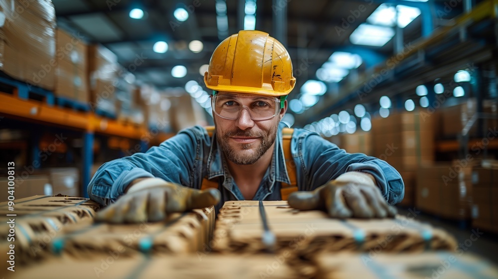 Confident Warehouse Worker Operating in a Storage Facility with Stacked Cardboard Boxes Confident Warehouse Worker Operating in a Storage Facility with Stacked Cardboard Boxes