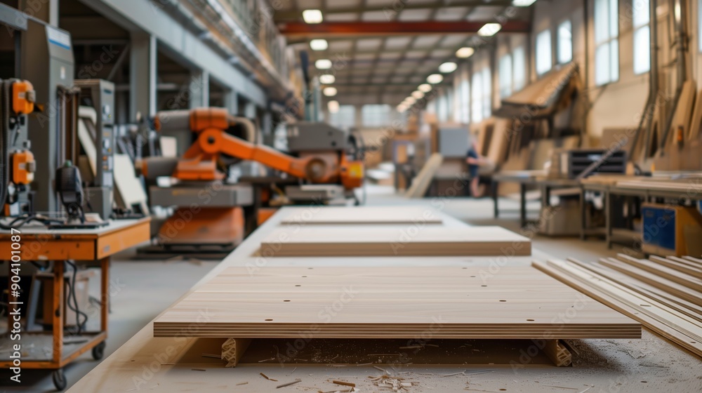 Modern Carpenter Workshop with Advanced Machinery and Wooden Boards in Production Process Modern Carpenter Workshop with Advanced Machinery and Wooden Boards in Production Process