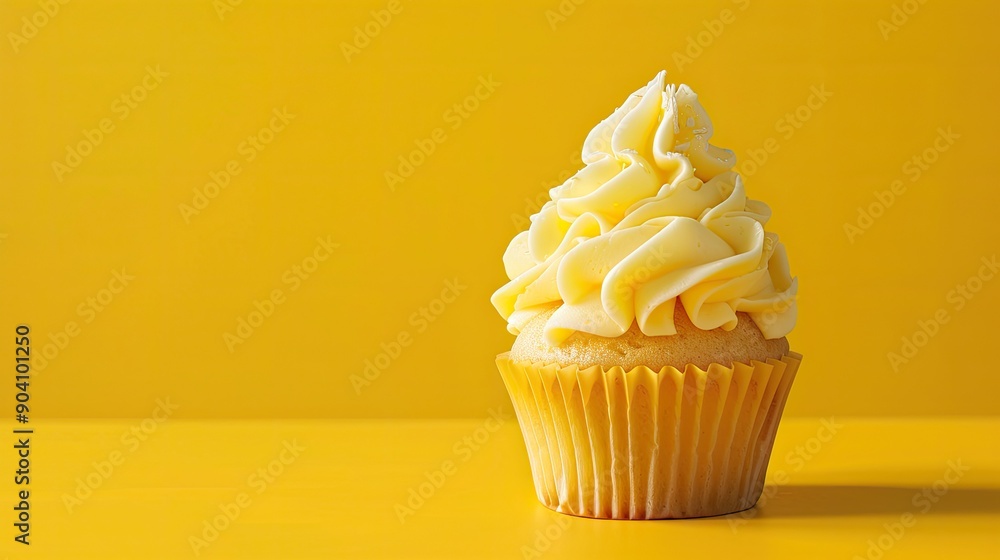 Yellow background with a deliciously frosted cupcake, ideal for bakery and dessert themes. Yellow background with a deliciously frosted cupcake, ideal for bakery and dessert themes.