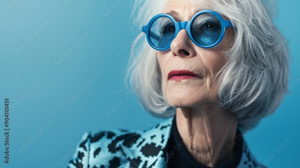 Stylish senior woman with silver hair and vibrant blue round sunglasses exudes confidence against a matching azure background, embodying ageless fashion and bold self-expression. Stylish senior woman with silver hair and vibrant blue round sunglasses exudes confidence against a matching azure background, embodying ageless fashion and bold self-expression.