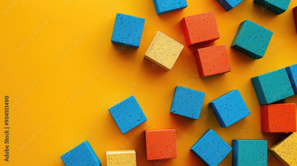 Yellow background with a playful arrangement of toy blocks, symbolizing creativity and childhood. Yellow background with a playful arrangement of toy blocks, symbolizing creativity and childhood.