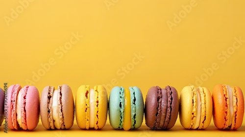 Yellow background with a row of colorful macarons, perfect for bakery and confectionery themes. photo