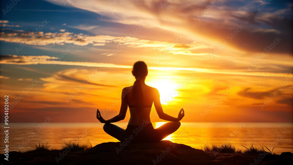 Woman meditating at sunset by the sea. Woman meditating at sunset by the sea.