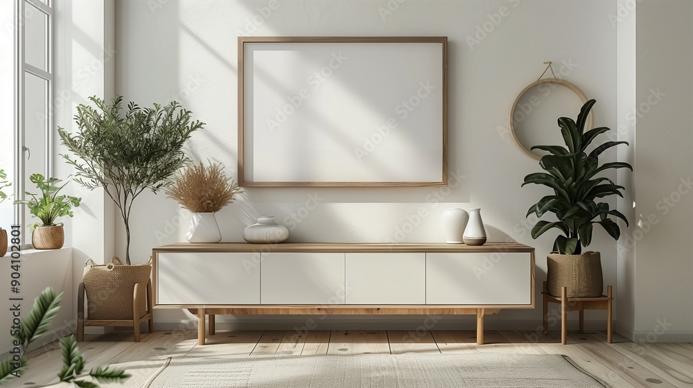 Modern Interior With Wooden Frame Mock-Up On White Sideboard And Indoor Plants Modern Interior With Wooden Frame Mock-Up On White Sideboard And Indoor Plants
