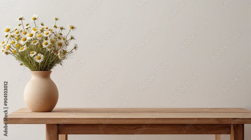 wooden table with beige clay vase with bouquet of charmful flowers wooden table with beige clay vase with bouquet of charmful flowers