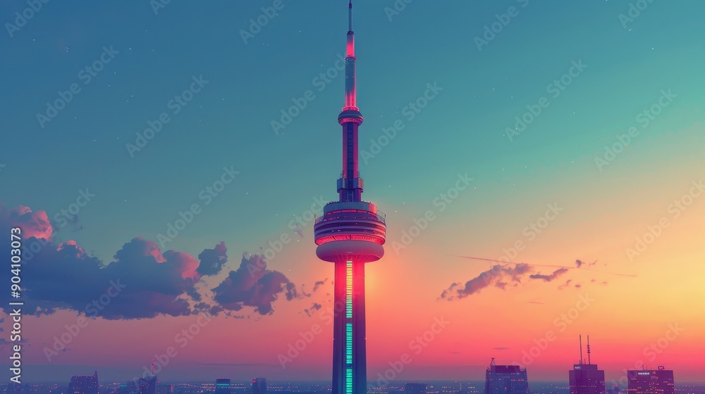 Obraz premium Stunning Sunset View of a Modern Tower Against a Vibrant Sky with Clouds and Cityscape
