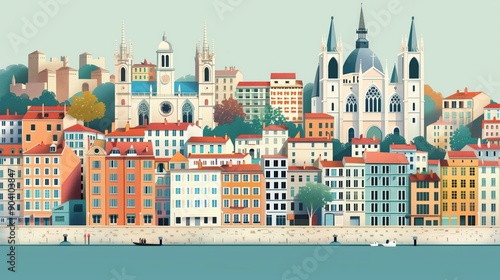 Lyon landmarks, Basilica of Notre Dame de Fourviere and Place Bellecour, France, minimal flat design illustration, No logo, No Trademark, No text, minimal concept with copy space for stock photo