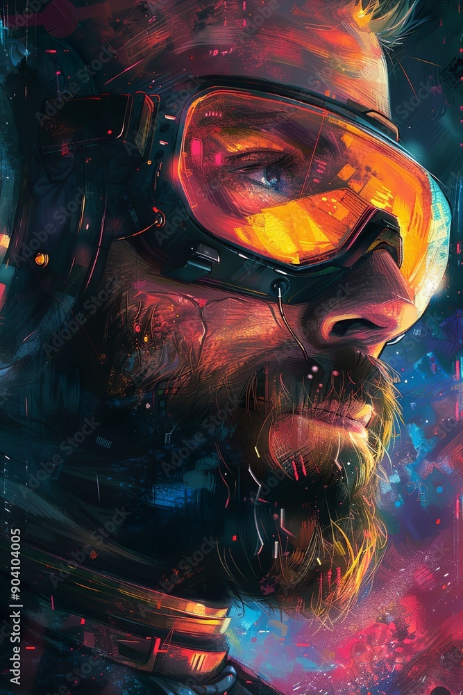 Fototapeta premium Comic style pulp sci-fi pilot explorer character face close-up