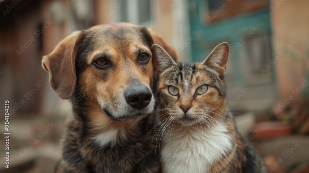 Dog and cat sitting together, both looking at the camera Dog and cat sitting together, both looking at the camera