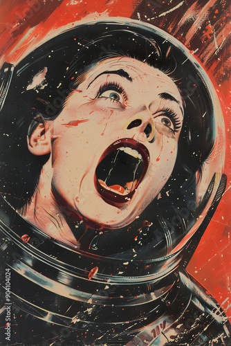 Terrified woman screaming in a space helmet dark sci-fi character face close-up